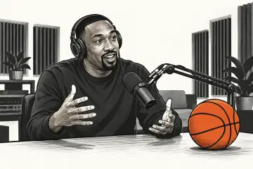 ポッドキャストのスタジオでマイクに向かって話すギルバート・アリーナスのイラスト