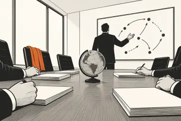 会議室で欧州戦略を議論する幹部たちの手元とタクティクスボード