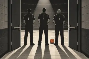 薄暗いコートに並ぶ3人の審判の後ろ姿