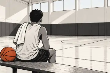 ベンチに座る若い選手の後ろ姿とバスケットボール