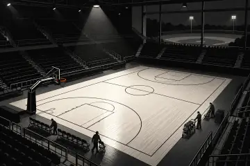高い角度から見下ろすアリーナと遠くの野球場