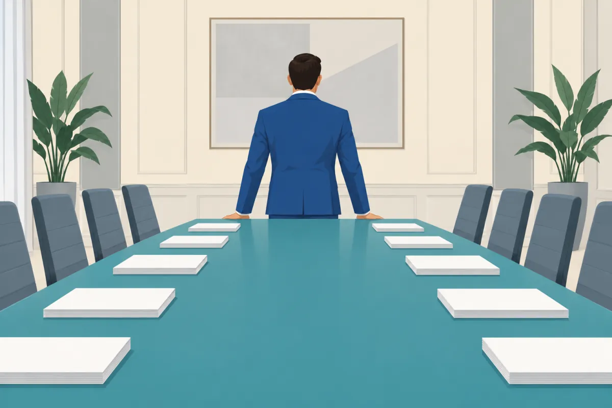 会議室で予算を語るオーナーの後ろ姿