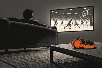 テレビでバスケ中継を観る人物の後ろ姿
