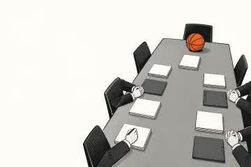 会議テーブルに並ぶ書類と幹部たちの手元