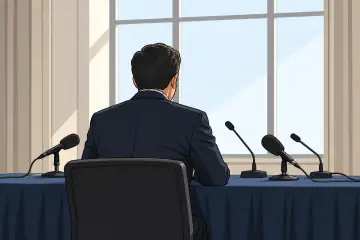 記者会見席に座る男性の後ろ姿