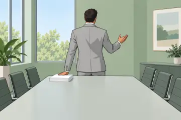 会議テーブルの前に立つ人物の後ろ姿
