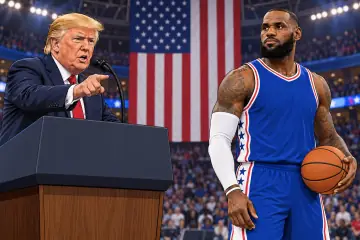 演台で語るトランプ大統領と、ボールを手にしたレブロン・ジェームズ
