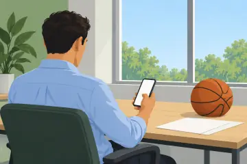 スマートフォンを手にデスクに座るヤナコプロスの後ろ姿