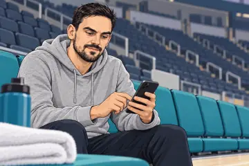 ベンチに座りスマホを確認するサトランスキー